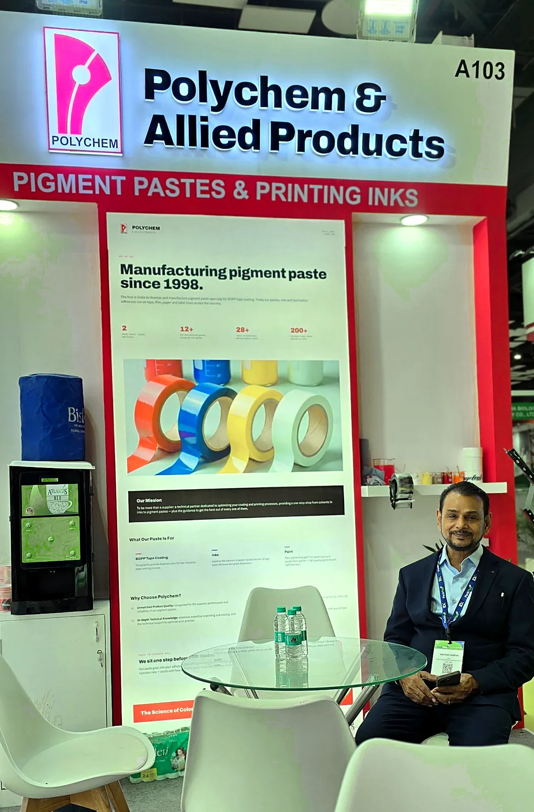 Nalneesh Saxena, Proprietor, at the Polychem pigment pastes and printing inks stand, PackPlus 2026